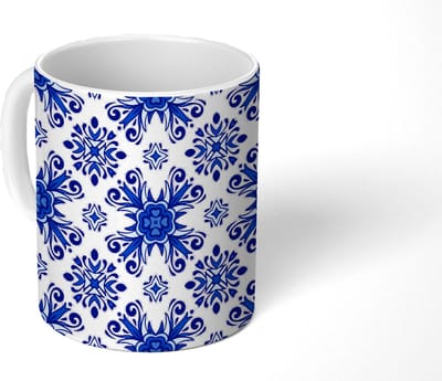 Mok - Koffiemok - Tegel - Bloem - Blauw - Patroon - Mokken - 350 ML - Beker - Koffiemokken - Theemok