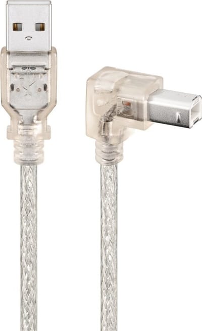 Goobay USB-A naar USB-B-kabel 90°, 0,5 m, transparant, 2,5 W, 0,5 A, 480 Mbit/s, USB 2.0