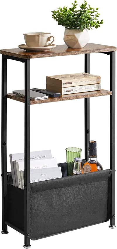 Narrow 3-Step Tafel voor Kleine Ruimtes, Compacte Bedside Table met Stoffen Mand, 40 x 20 x 66 cm, Ideaal voor Slaapkamer en Woonkamer, Rustiek Bruin, Ruimtebesparend Design
