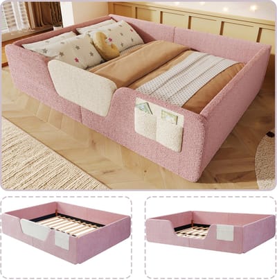 Gestoffeerd Peuterbed 140x190 - Met Afneembare Valbeveiliging En Opbergtas - Uniek Velours - Roze - Zonder Matras