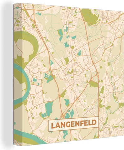 Canvas Schilderij Langenfeld - Plattegrond - Vintage - Kaart - Stadskaart - 20x20 cm - Wanddecoratie