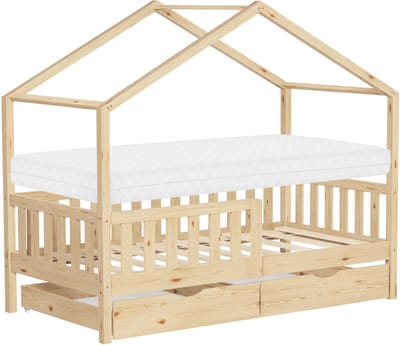 Kinderbed huisbed 80x160 cm natuurlijk dennenhout met matras H:10cm, 2 laden, uitvalbeveiliging & lattenbodem ML-Design