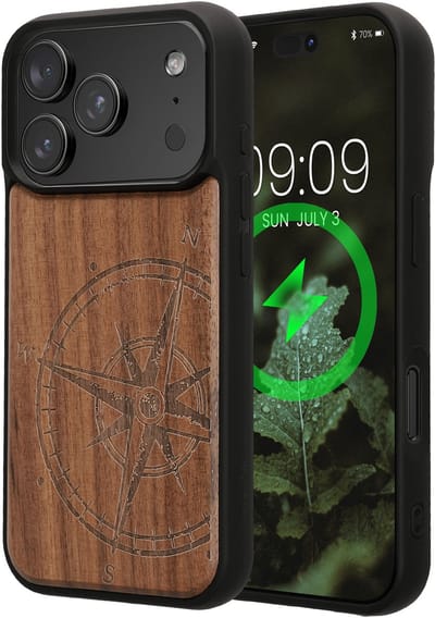 kwmobile Echt Houten Beschermhoes voor Apple iPhone 18 Pro / iPhone 17 Pro – Hout & TPU Cover – hout Vintage Kompas design