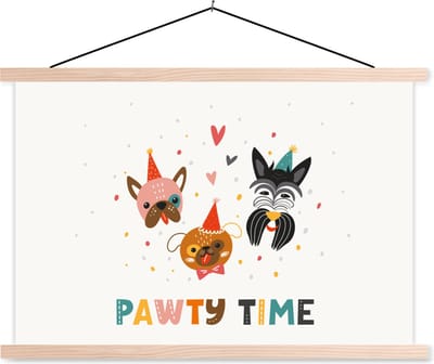 Posterhanger incl. Poster 90x60 cm - Schoolplaat - Honden - Quotes - Pawty time - Spreuken - Textielposter - Blanke latten