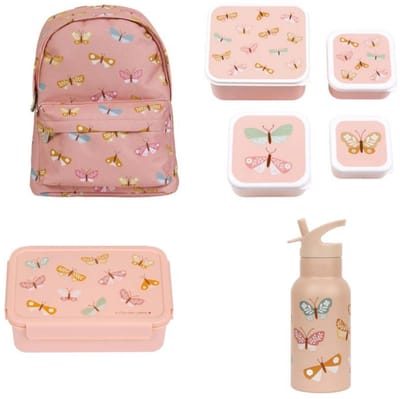 Bundel A Little Lovely Company Back to school set - Rugzak/Drinkfles RVS/4 Snackdozen/Bentobox - Vlinders