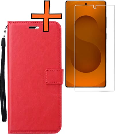 Hoes - Met Screenprotector - Geschikt voor Samsung Galaxy S25 Ultra - Luxe Pasjeshouder - Bookcase Portemonee - Flip Case - Kunstleer Book Case - Flipcase - Book Cover - Walletcase - PortemonneeHoes - Rood