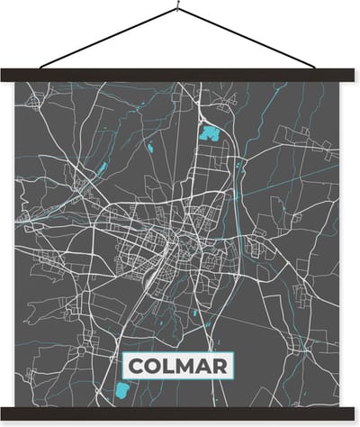 Posterhanger incl. Poster 60x60 cm - Schoolplaat - Plattegrond – Kaart – Stadskaart – Frankrijk – Colmar - Textielposter - Zwarte latten - Stadskaart