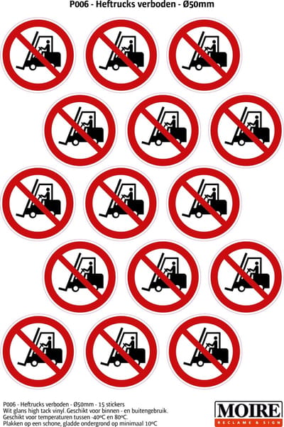 Pictogram sticker 75 stuks P006 - Heftrucks verboden - 50 x 50mm - 15 stickers op 1 vel