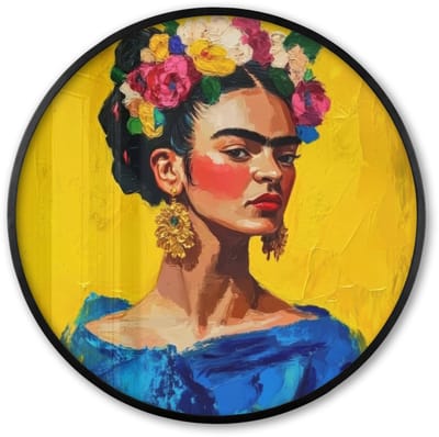 Poster in lijst Rond - Fotolijst 60x60 cm - Posters - Frida Kahlo - Vrouw - Geel - Blauw - Bloemen - Ronde posterlijst zwart - Decoratie - Wanddecoratie woonkamer - Muurdecoratie slaapkamer