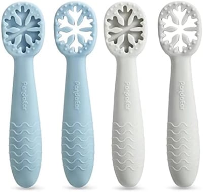 PromoHome Siliconen Babylepelset - 4 stuks BPA-vrije zachte voedingslepels voor baby's en peuters vanaf 6 maanden - Vaatwasserbestendig en ergonomisch ontwerp - Blauw