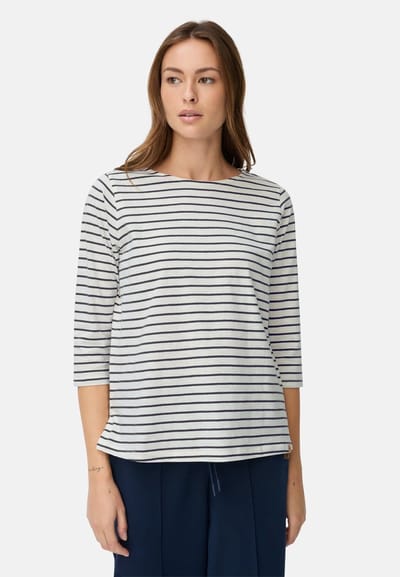 camel active T-shirt met 3/4-mouwen en zijsplitten - Maat womenswear-XL - Blauw en wit gestreept