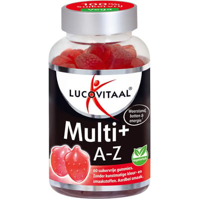 Lucovitaal Multi+ A-Z Gummies Suikervrij met Vitamine C & Zink, Aardbeiensmaak, Voedingssupplement voor Volwassenen, Voor Weerstand en Botten
