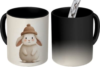 Magische Mok - Foto op Warmte Mokken - Koffiemok - Konijn - Muts - Oren - Beige - Magic Mok - Beker - 350 ML - Theemok