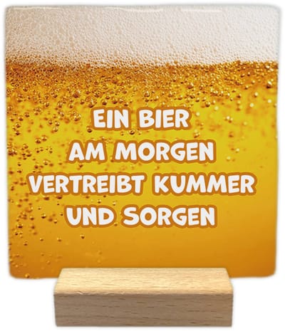 Ein bier am morgen - Keramische decoratie tegel - incl. houten presenteerblok