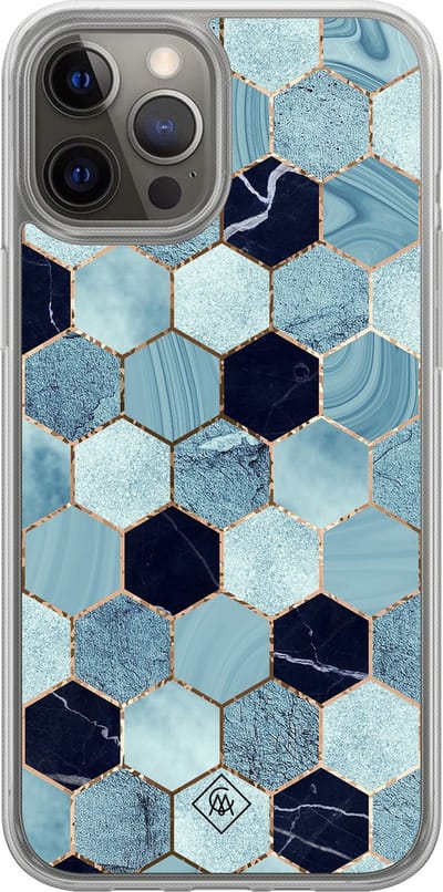 Casimoda® hoesje - Geschikt voor iPhone 12 Pro - Blue Cubes - 2-in-1 case - Schokbestendig - Marble design - Verhoogde randen - Blauw, Transparant
