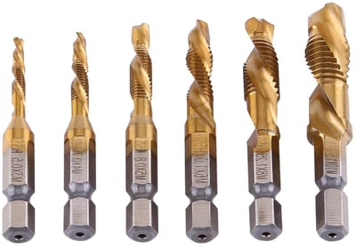 Set van 6 HSS boor- en tapbits met 1/4 inch hex shank voor hout, metaal en aluminium, metrische draad M3-M10