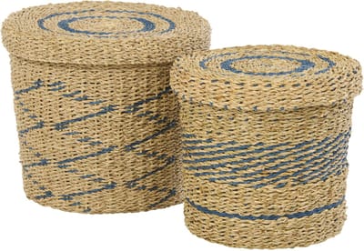 J-Line mand + deksel Gestreept - ijzer/papier - blauw/naturel - set van 2