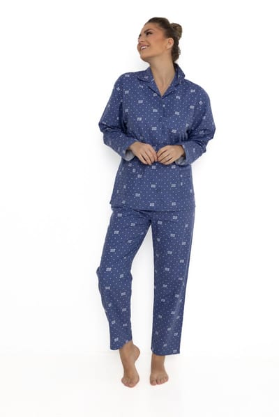 Lunatex - klassieke dames pyjama flanel 641976 - dream queen - donkerblauw - maat S