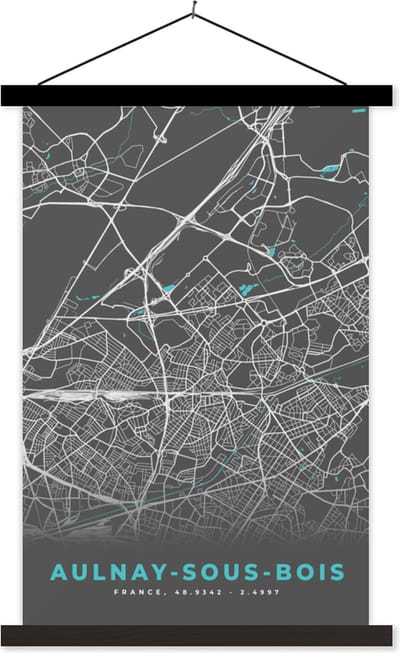 Posterhanger incl. Poster 40x60 cm - Schoolplaat - Aulnay-sous-Bois - Frankrijk - Plattegrond - Kaart - Stadskaart - Textielposter - Zwarte latten - Stadskaart