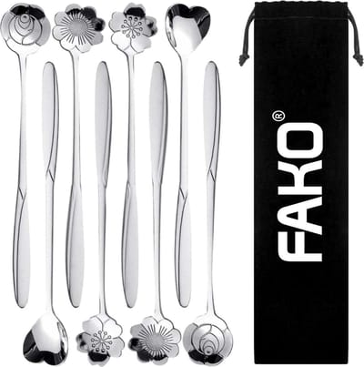 Fako Bijoux® - 8 Lange Lepels Bloem Motief - Latte Macchiato - Longdrink - Cocktail - Dessert - IJs - Koffie - Zilver - 8 Stuks - Bewaarzakje