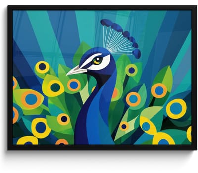 Poster in lijst - Fotolijst 80x60 cm - Posters - Pauw - Cirkels - Blauw - Posterlijst zwart - Decoratie - Wanddecoratie woonkamer - Muurdecoratie slaapkamer