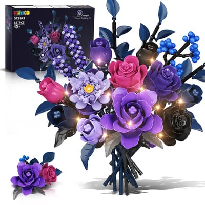 HiWEEGO Paarse Rozen Bouwblokken Boeket - 887 Delen - 17 Bloemen Met LED-Licht - DIY Creatief Bloemdecoratie -Bouwpakket voor Kinderen Volwassenen
