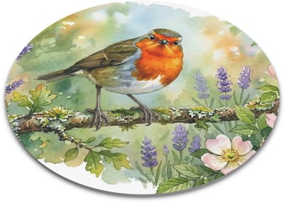 Ronde Muismat "Aquarel Series" Roodborstje in de Tuin - Lief Tuinvogel Cadeau met Natuur & Bloemen voor haar: Vrouw, Vriendin & Collega - Decoratieve Computermuis Mat - Sfeervolle Lieve Vogelprint Bureau Accessoire voor Thuiswerkplek & Kantoor