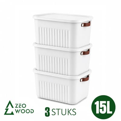 Zeo Wood® - Opbergbox met Deksel - Opbergdozen met Deksel - Opbergmand met Deksel - Set van 3 - 15L - Wit