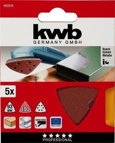 KWB schuurschijf Delta 93 x 93 mm - Korrel 180 - Klittenbandhechting - 492818 - 5 stuks