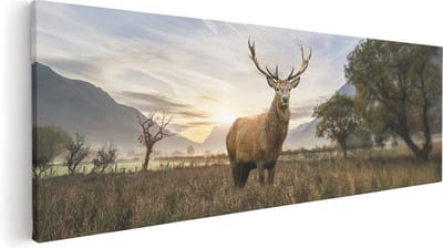 Artaza Canvas Schilderij Hertenkop - 60x20 cm - Wanddecoratie Gewei - Muurdecoratie Natuur - Kamer Accessoires Bergen