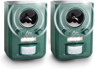 Ultrasone dierenverjager op zonne-energie, set van 2, marter- en kattenafweer, multifrequentieapparaat met flitslicht, totale oppervlakte ca. 75 m²