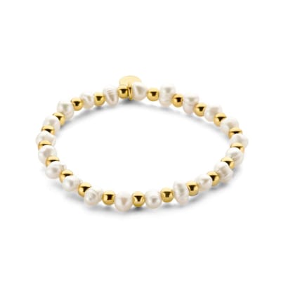 CO88 Collection 8CB-90833 Stalen Armband - Dames - kralen - 4 en 4,5 mm Doorsnee - Staal en Parels - 17,8 cm Lengte - Rekarmband - Goudkleurig