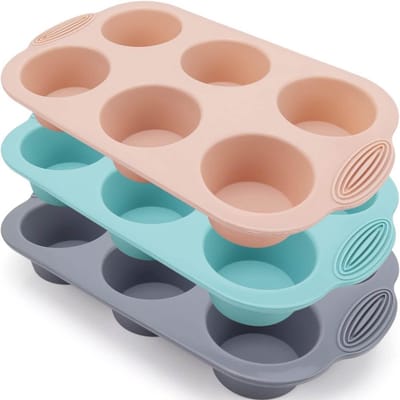 Set van 3 Silicone Muffin Containers in Grijs, Roze en Pauwenblauw - Ideaal voor Muffins, Cupcakes en Brownies, Herbruikbare Bakvormen voor Taarten en Pudding