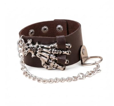 Heren brede bruine PU leren armband met zilverkleurig skeletdesign en ketting