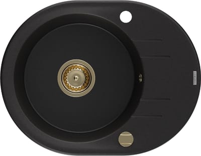 Mexen Kevin granieten spoelbak 1-komors met afdruiprek 586 x 458 , zwart, gouden sifon - 6517581005-77-G