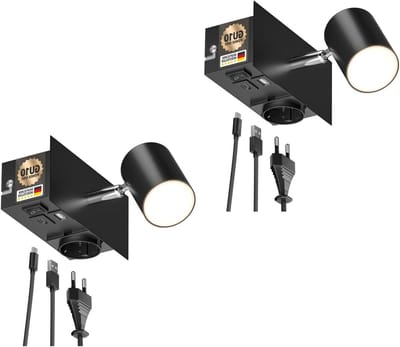 Wandlamp met stopcontact - Moderne muurlamp - Apparaten opladen - Geïntegreerde USB-poorten - 2 stuks - Zwart