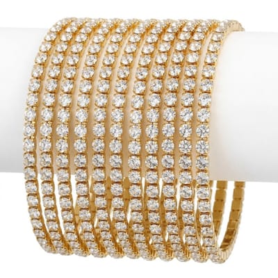 12 delige Goudkleurige armbanden set voor dames – stapelbare bangles met fonkelende kristal steentjes – glanzende sieraden set