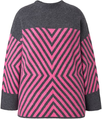 Ulla Popken - Dames - Trui grafisch patroon opstaande kraag lange mouwen - Flamingo - Maat 42+