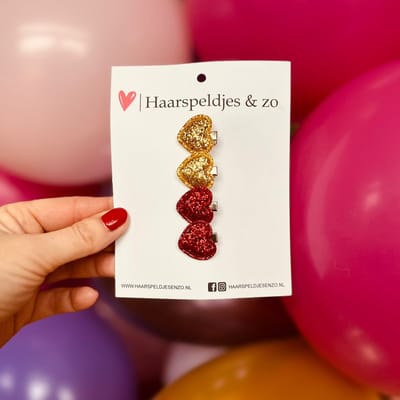Mini clip - baby haarspeldjes setje 16 - mini - 2cm groot - voor de eerste lokjes haar - alligator clip - hartjes - glitters - kerst - feestdagen - rood/goud