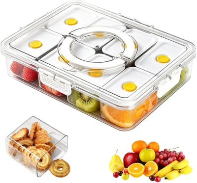 Snackbox met 8 afzonderlijk afsluitbare vakken, snackbox met 8 vakken, snackschaal, snackbord met deksel en handvat, snackbox organizer voor groenten, noten, snoep, koekjes