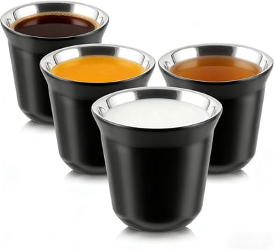 4 stuks 80 ml roestvrijstalen espressokopjes zwart zilver | Dubbelwandig, compact en ideaal voor koffie, thee en andere dranken