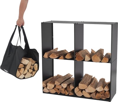 Brandhoutrek met draagtas - Houtopslag voor binnen en buiten - Stalen constructie (80x28x80cm)