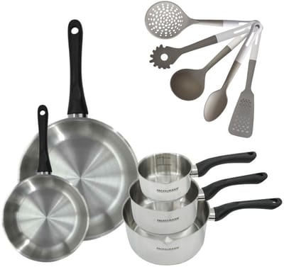 Fackelmann 9222950 Set RVS Pannen 12/16/20 cm & RVS Koekenpannen 20/28 cm Geneva Zonder PFAS met 5 Keukengerei