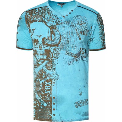 T-shirt met V-hals en all-over skull- en slangprint en suède details