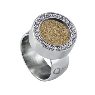 Quiges RVS Schroefsysteem Ring met Zirkonia Zilverkleurig Glans 17mm met Verwisselbare Glitter Goudkleurig 12mm Mini Munt
