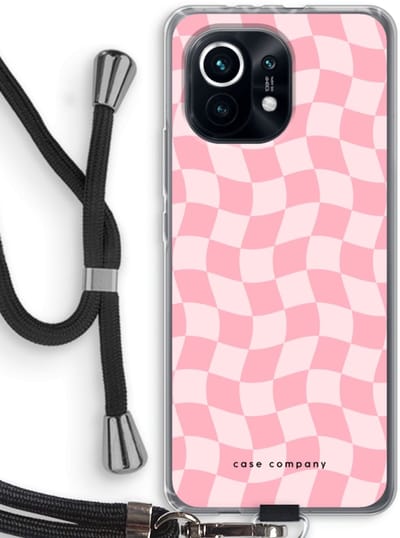 Case Company® - Hoesje met koord geschikt voor Xiaomi Mi 11 hoesje met Koord - Grid Roos - Telefoonhoesje met Zwart Koord - Bescherming aan alle Kanten en Over de Schermrand