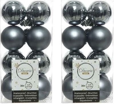 Decoris kleine kerstballen - 32x st - grijs/blauw - 4 cm - kunststof - onbreekbare kerstversiering