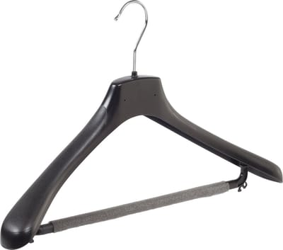 De Kledinghanger Gigant - Mantelhanger - Kostuumhanger - Jassenhanger - Volwassenen - HZ45 - 50 Stuks - Kunststof - Zwart - Gebogen Model - Schouderverbreding 4,8 cm - Broeklat met Schuim - 45 cm - Kledinghanger - Kleerhanger - HZ-Serie