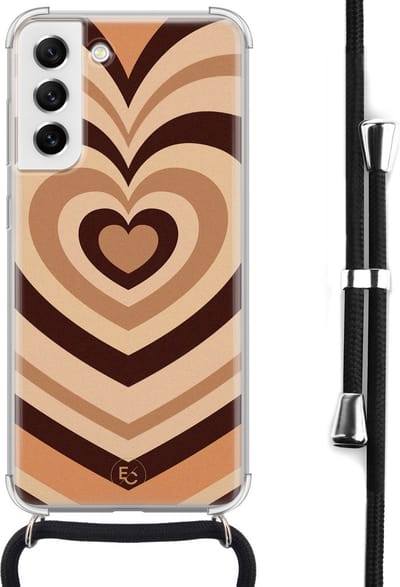 Hoesje met koord geschikt voor Samsung Galaxy S21 FE - Hart bruin - Inclusief koord - Crossbody beschermhoes - Transparant, Bruin - ELLECHIQ