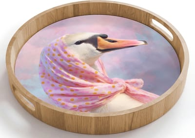 Dienblad rond 40x40 cm - Schootdienblad hout - Zwaan - Sjaaltje - Pastelwolken - Borrelplank rechthoek - Plateau houten dienbladen